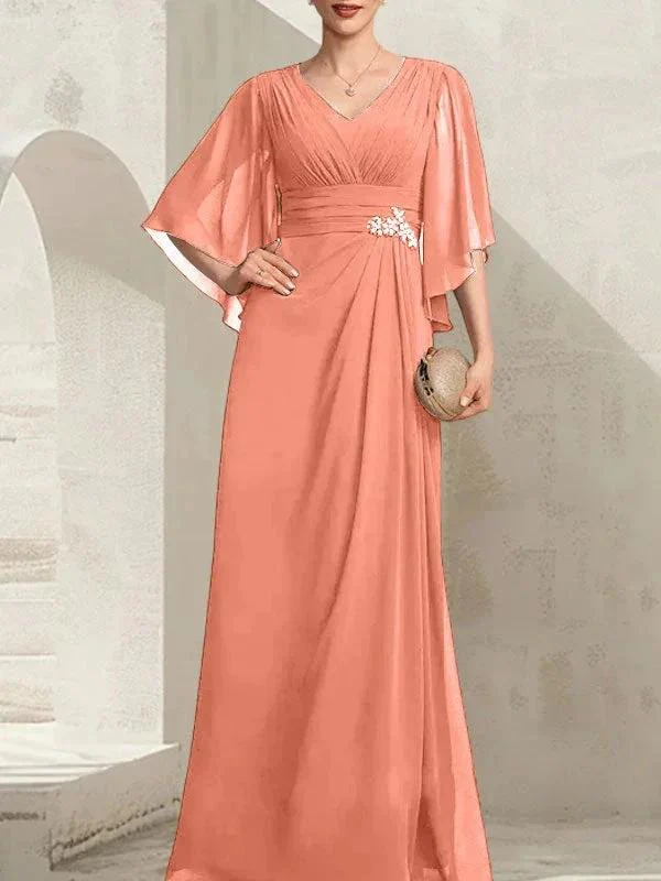 Sheath/Column V-Neck Floor-Length Chiffon Mother of the Bride Dress With Pleated Sequins Beading - Image 16