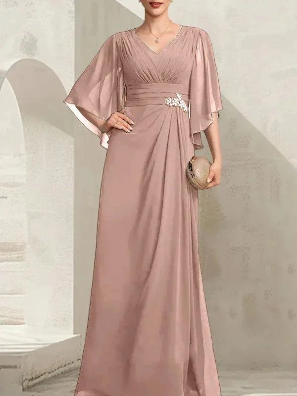Sheath/Column V-Neck Floor-Length Chiffon Mother of the Bride Dress With Pleated Sequins Beading - Image 17