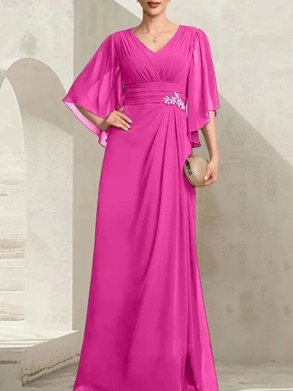 Sheath/Column V-Neck Floor-Length Chiffon Mother of the Bride Dress With Pleated Sequins Beading - Image 18