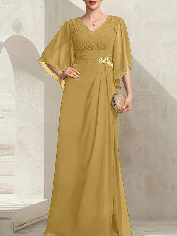 Sheath/Column V-Neck Floor-Length Chiffon Mother of the Bride Dress With Pleated Sequins Beading - Image 19
