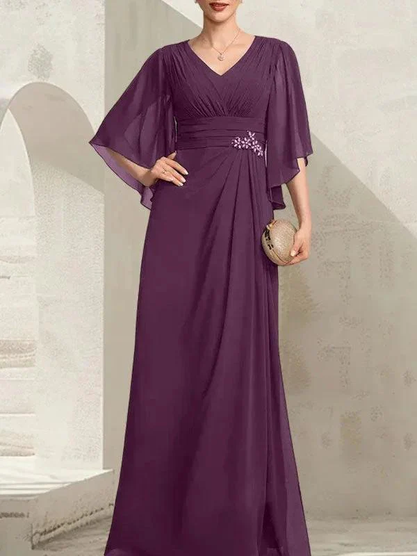 Sheath/Column V-Neck Floor-Length Chiffon Mother of the Bride Dress With Pleated Sequins Beading - Image 20