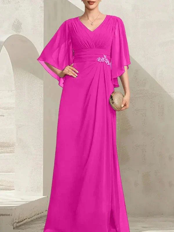 Sheath/Column V-Neck Floor-Length Chiffon Mother of the Bride Dress With Pleated Sequins Beading - Image 21