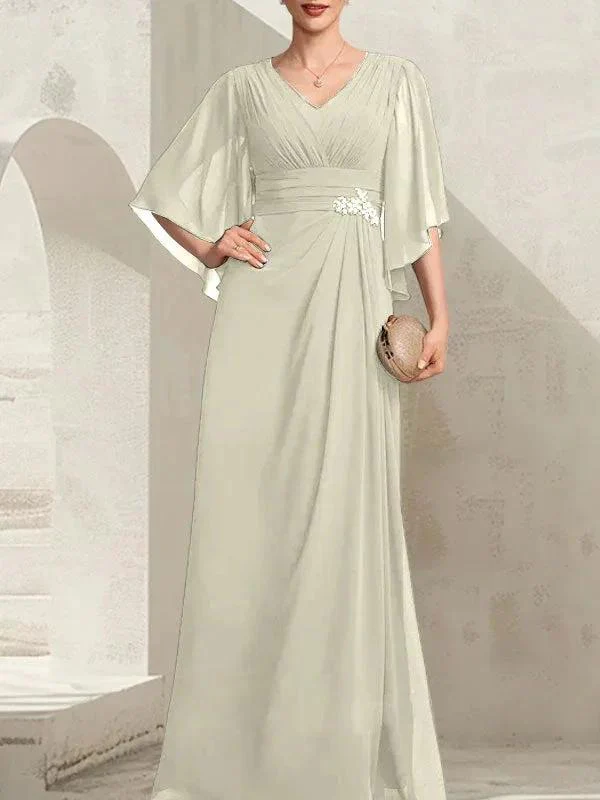 Sheath/Column V-Neck Floor-Length Chiffon Mother of the Bride Dress With Pleated Sequins Beading - Image 22