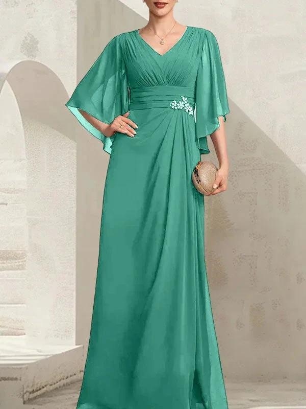 Sheath/Column V-Neck Floor-Length Chiffon Mother of the Bride Dress With Pleated Sequins Beading - Image 23