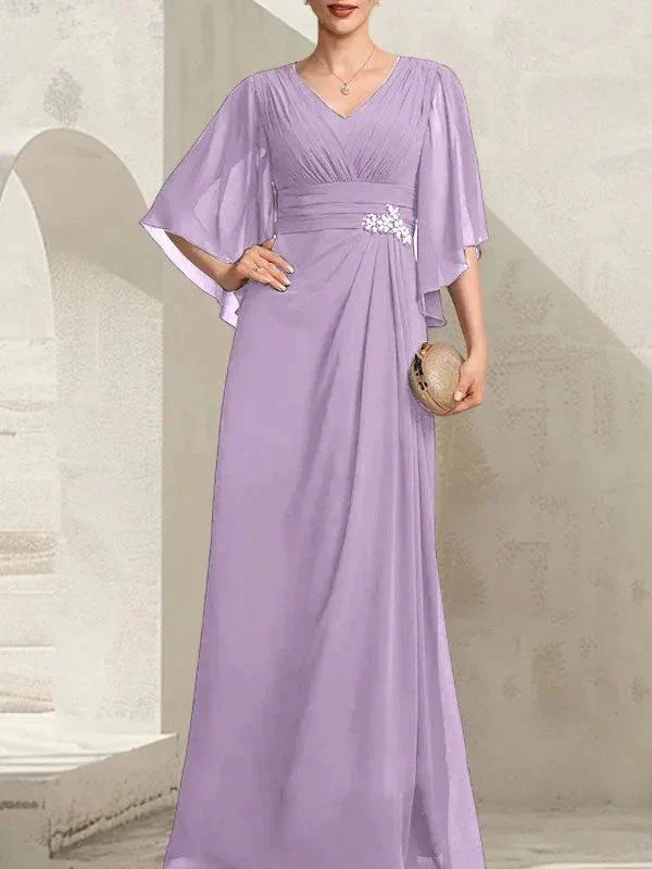 Sheath/Column V-Neck Floor-Length Chiffon Mother of the Bride Dress With Pleated Sequins Beading - Image 24