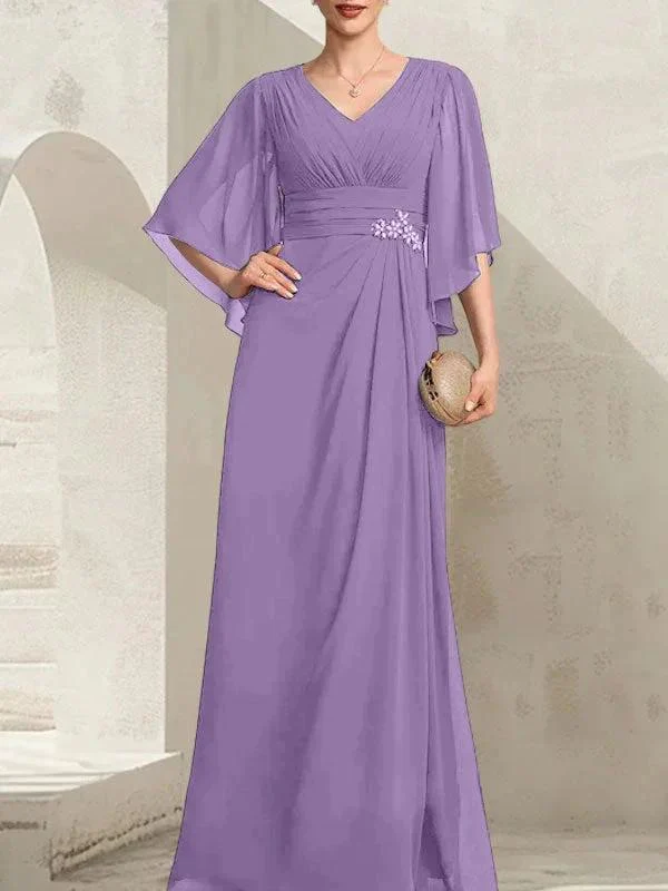 Sheath/Column V-Neck Floor-Length Chiffon Mother of the Bride Dress With Pleated Sequins Beading - Image 25