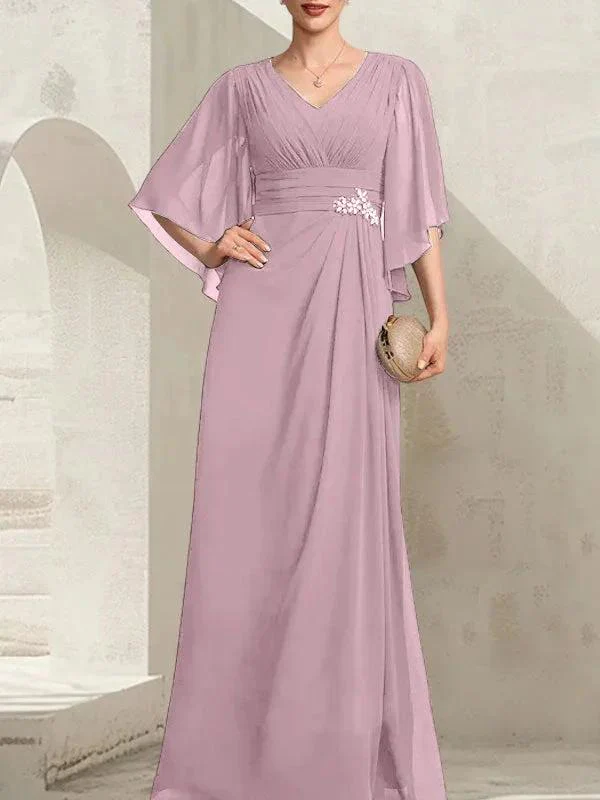 Sheath/Column V-Neck Floor-Length Chiffon Mother of the Bride Dress With Pleated Sequins Beading - Image 26