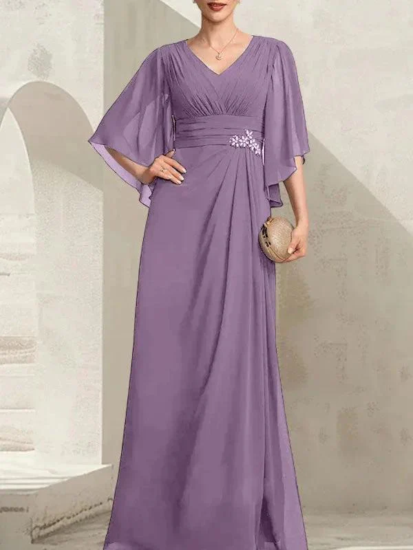 Sheath/Column V-Neck Floor-Length Chiffon Mother of the Bride Dress With Pleated Sequins Beading - Image 27