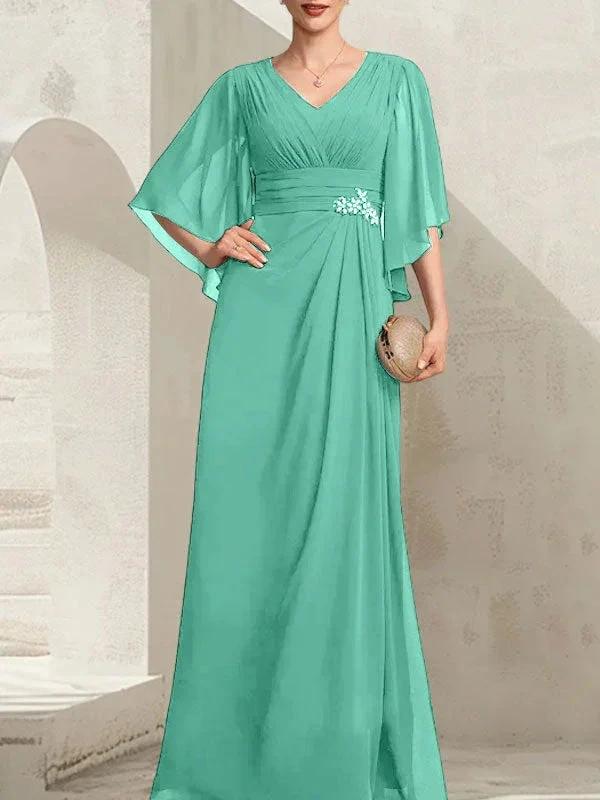 Sheath/Column V-Neck Floor-Length Chiffon Mother of the Bride Dress With Pleated Sequins Beading - Image 28