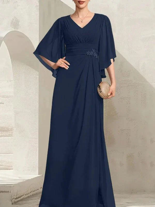 Sheath/Column V-Neck Floor-Length Chiffon Mother of the Bride Dress With Pleated Sequins Beading - Image 29