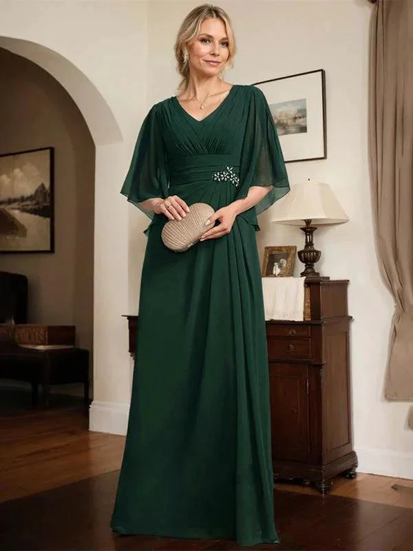 Sheath/Column V-Neck Floor-Length Chiffon Mother of the Bride Dress With Pleated Sequins Beading - Image 3