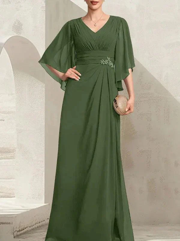 Sheath/Column V-Neck Floor-Length Chiffon Mother of the Bride Dress With Pleated Sequins Beading - Image 30