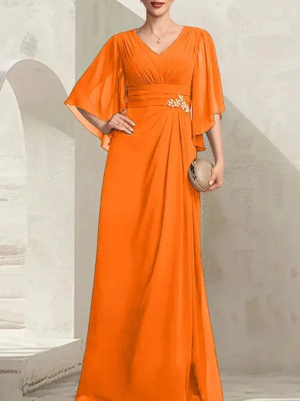 Sheath/Column V-Neck Floor-Length Chiffon Mother of the Bride Dress With Pleated Sequins Beading - Image 31