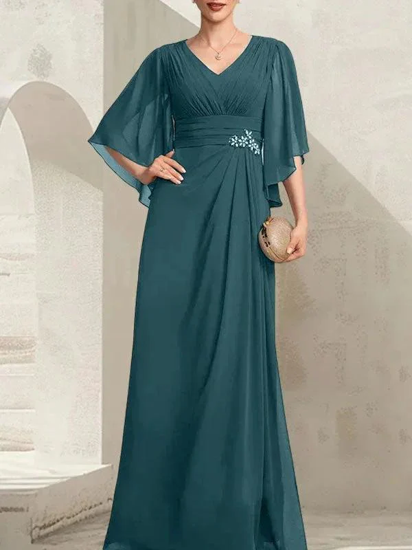 Sheath/Column V-Neck Floor-Length Chiffon Mother of the Bride Dress With Pleated Sequins Beading - Image 32