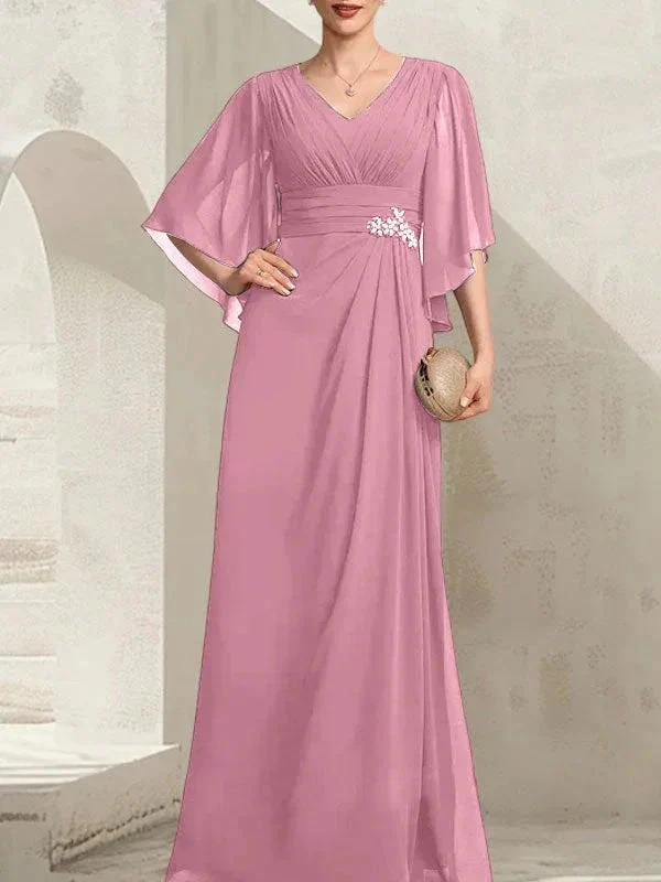 Sheath/Column V-Neck Floor-Length Chiffon Mother of the Bride Dress With Pleated Sequins Beading - Image 33