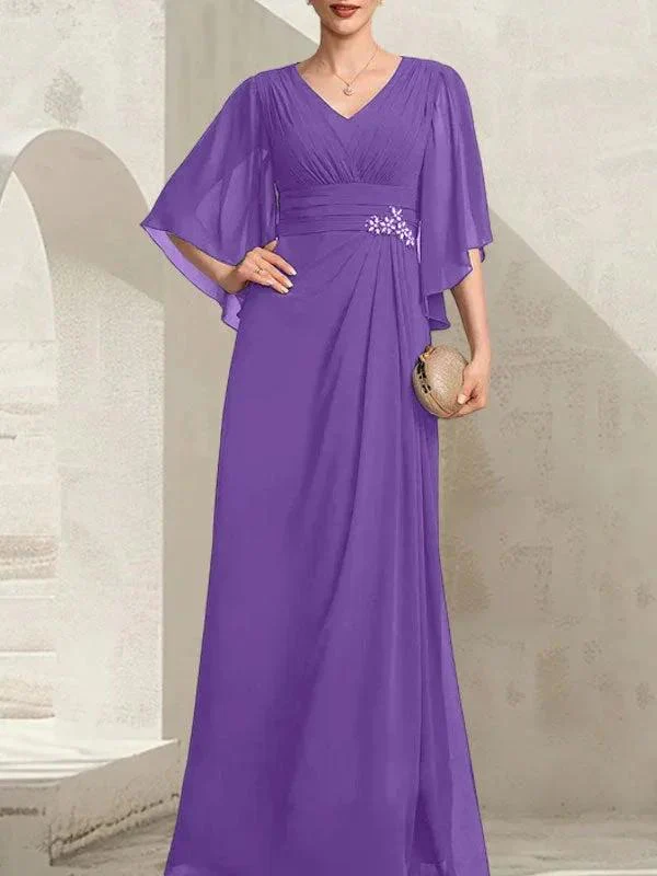 Sheath/Column V-Neck Floor-Length Chiffon Mother of the Bride Dress With Pleated Sequins Beading - Image 34