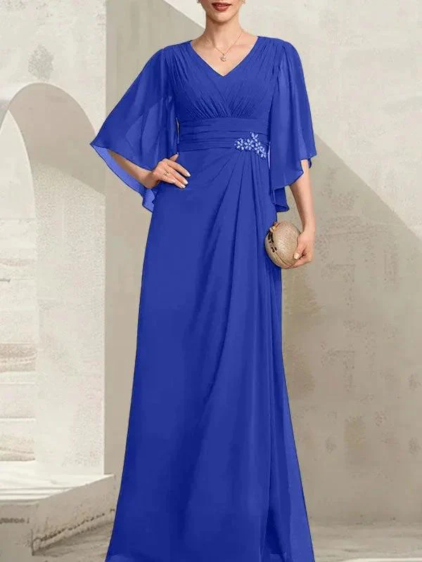 Sheath/Column V-Neck Floor-Length Chiffon Mother of the Bride Dress With Pleated Sequins Beading - Image 36