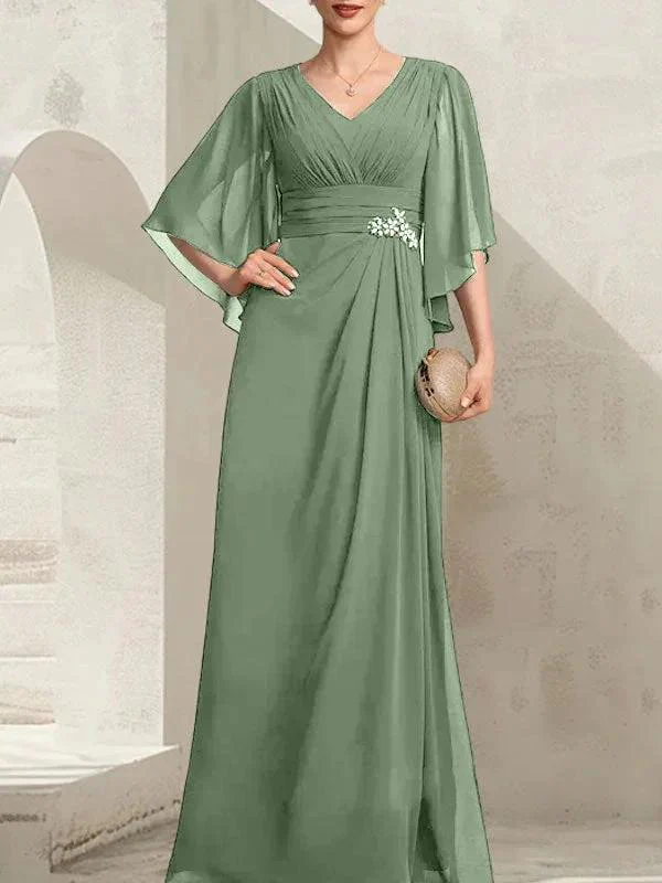 Sheath/Column V-Neck Floor-Length Chiffon Mother of the Bride Dress With Pleated Sequins Beading - Image 38
