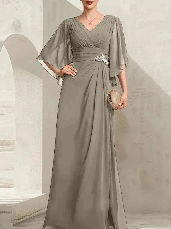 Sheath/Column V-Neck Floor-Length Chiffon Mother of the Bride Dress With Pleated Sequins Beading - Image 39