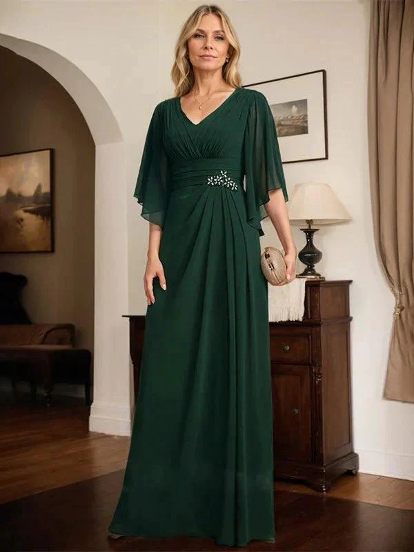 Sheath/Column V-Neck Floor-Length Chiffon Mother of the Bride Dress With Pleated Sequins Beading - Image 4