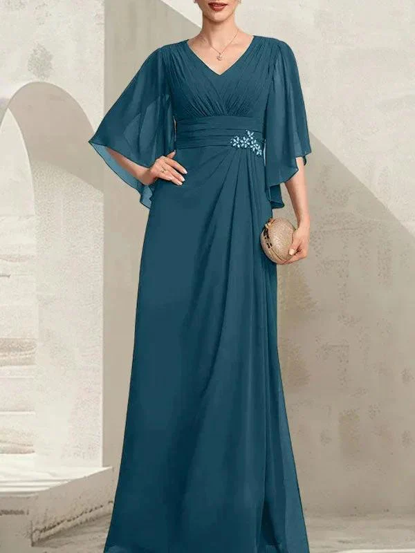 Sheath/Column V-Neck Floor-Length Chiffon Mother of the Bride Dress With Pleated Sequins Beading - Image 40