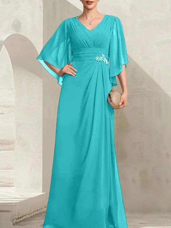 Sheath/Column V-Neck Floor-Length Chiffon Mother of the Bride Dress With Pleated Sequins Beading - Image 41