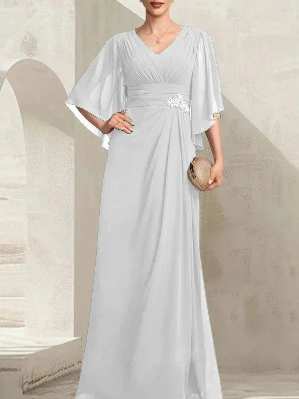 Sheath/Column V-Neck Floor-Length Chiffon Mother of the Bride Dress With Pleated Sequins Beading - Image 42