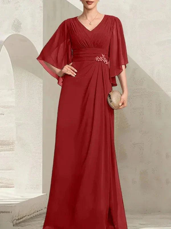 Sheath/Column V-Neck Floor-Length Chiffon Mother of the Bride Dress With Pleated Sequins Beading - Image 43