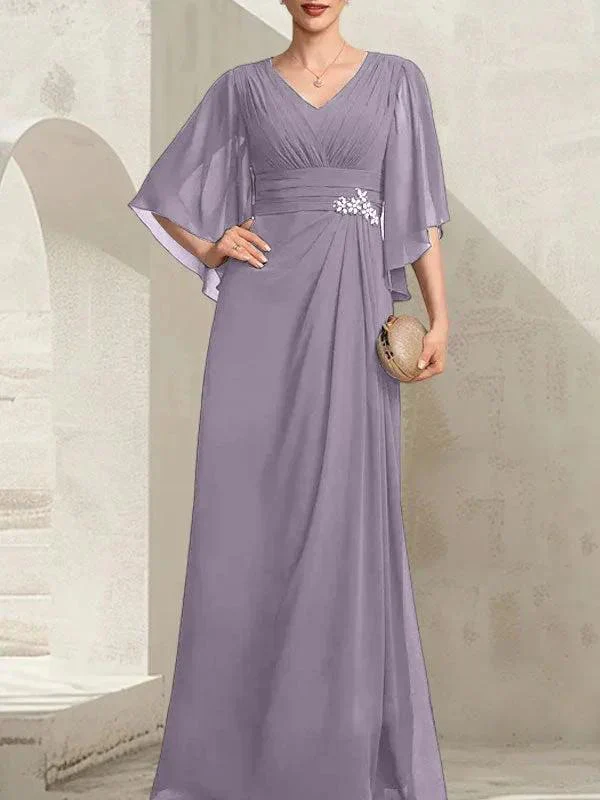 Sheath/Column V-Neck Floor-Length Chiffon Mother of the Bride Dress With Pleated Sequins Beading - Image 44