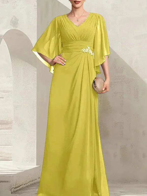 Sheath/Column V-Neck Floor-Length Chiffon Mother of the Bride Dress With Pleated Sequins Beading - Image 45