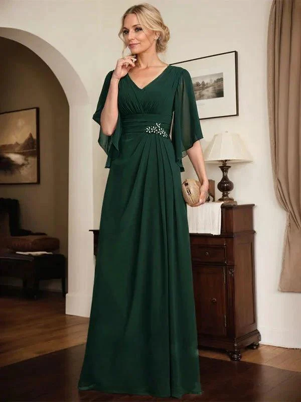 Sheath/Column V-Neck Floor-Length Chiffon Mother of the Bride Dress With Pleated Sequins Beading - Image 5