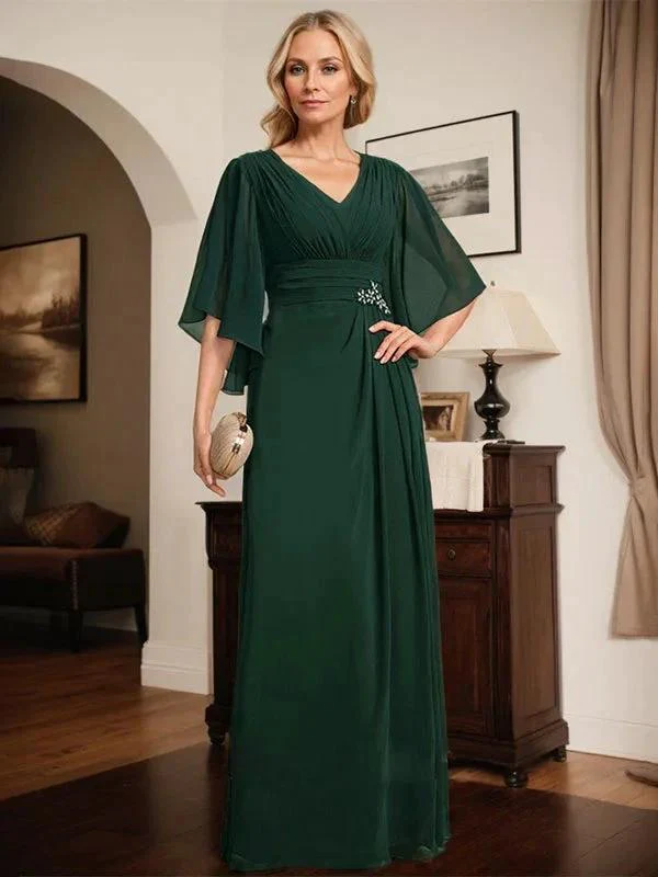 Sheath/Column V-Neck Floor-Length Chiffon Mother of the Bride Dress With Pleated Sequins Beading - Image 6
