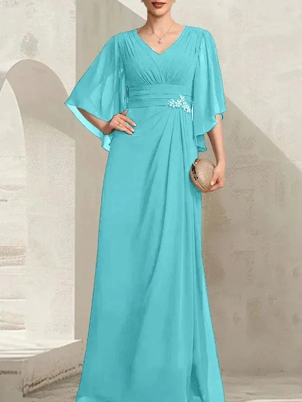 Sheath/Column V-Neck Floor-Length Chiffon Mother of the Bride Dress With Pleated Sequins Beading - Image 9