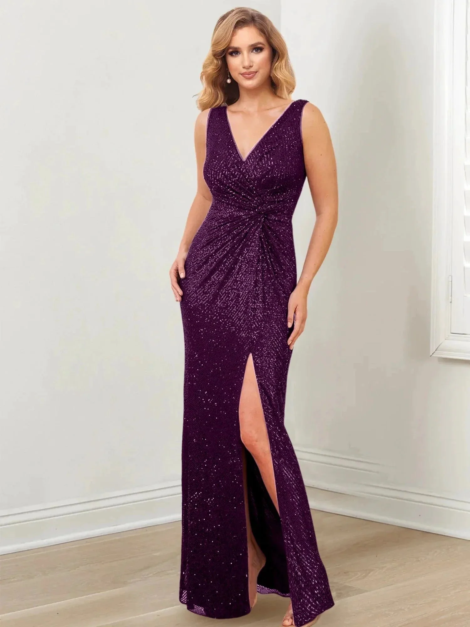 Sheath/Column V-Neck Floor-Length Mother of the Bride Dresses - Image 13