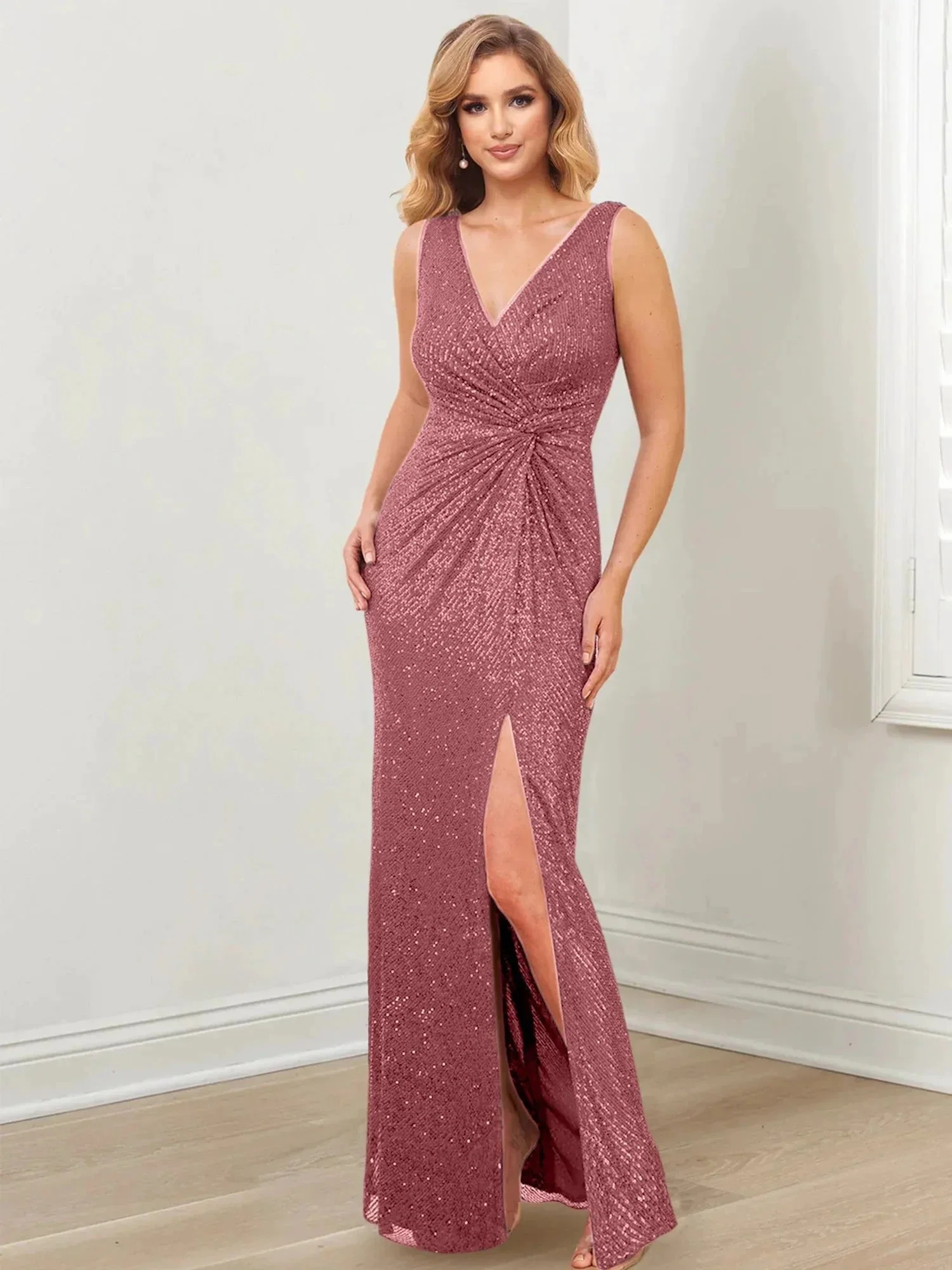 Sheath/Column V-Neck Floor-Length Mother of the Bride Dresses - Image 20