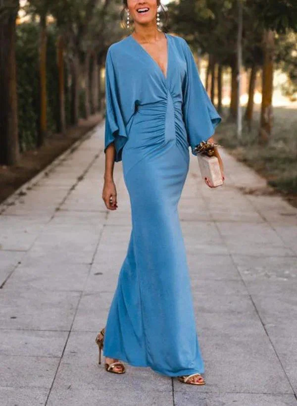 Sheath/Column V-Neck Half Sleeves Floor-Length Mother of the Bride Dresses with Split Front - Image 4