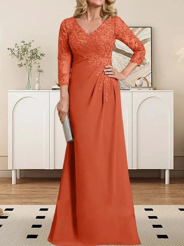 Sheath/Column V-Neck Illusion Floor-Length Lace Chiffon Mother of the Bride Dress With Pleated Sequins - Image 10