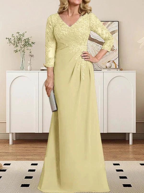 Sheath/Column V-Neck Illusion Floor-Length Lace Chiffon Mother of the Bride Dress With Pleated Sequins - Image 11