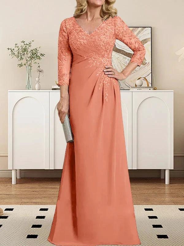Sheath/Column V-Neck Illusion Floor-Length Lace Chiffon Mother of the Bride Dress With Pleated Sequins - Image 12