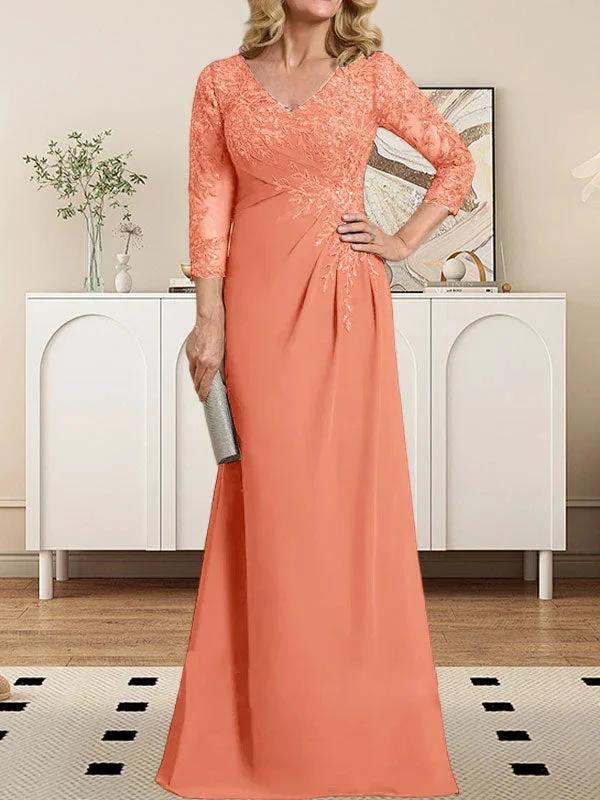 Sheath/Column V-Neck Illusion Floor-Length Lace Chiffon Mother of the Bride Dress With Pleated Sequins - Image 13
