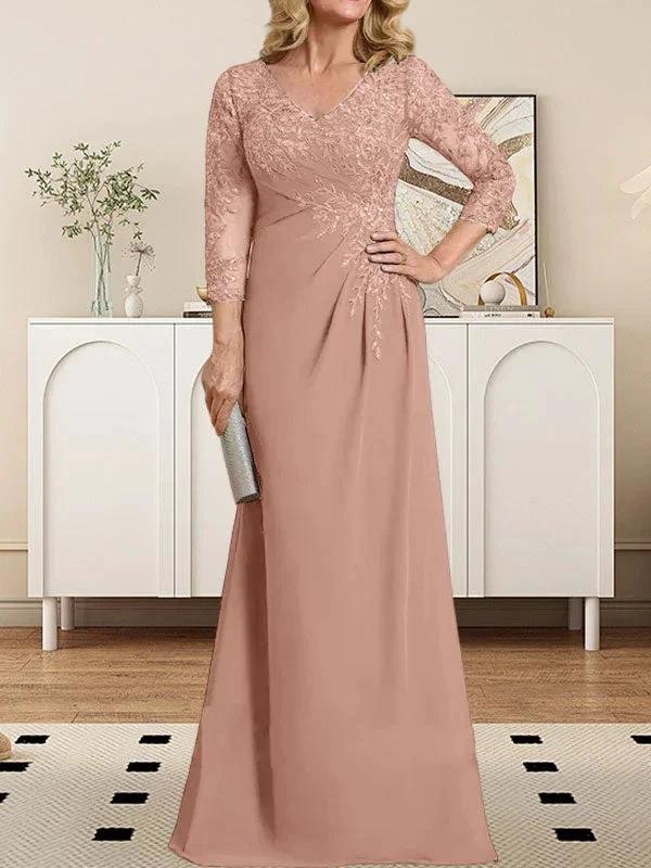 Sheath/Column V-Neck Illusion Floor-Length Lace Chiffon Mother of the Bride Dress With Pleated Sequins - Image 14