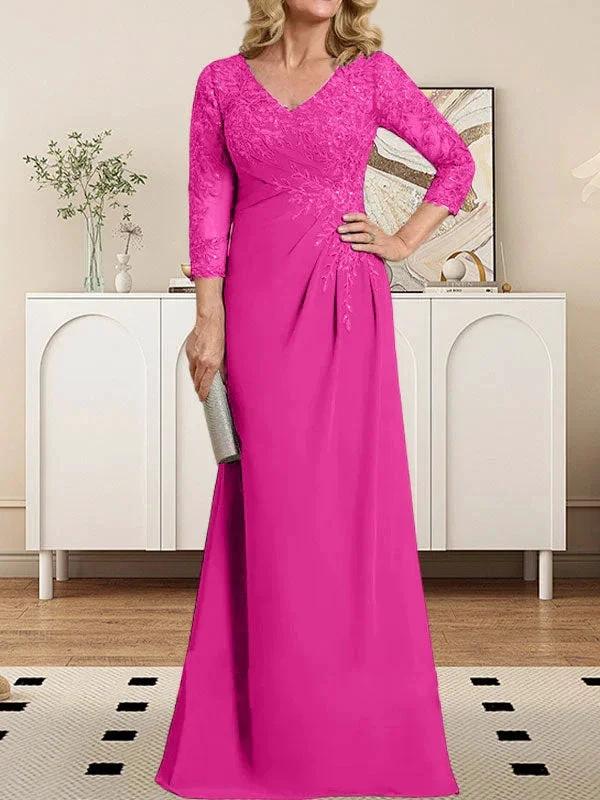 Sheath/Column V-Neck Illusion Floor-Length Lace Chiffon Mother of the Bride Dress With Pleated Sequins - Image 15