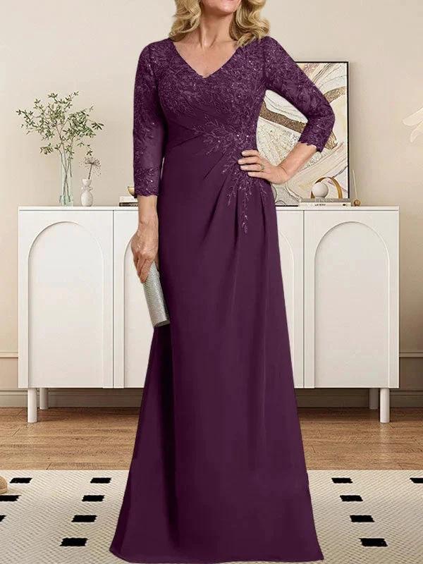 Sheath/Column V-Neck Illusion Floor-Length Lace Chiffon Mother of the Bride Dress With Pleated Sequins - Image 16