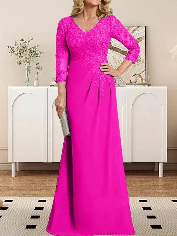 Sheath/Column V-Neck Illusion Floor-Length Lace Chiffon Mother of the Bride Dress With Pleated Sequins - Image 17