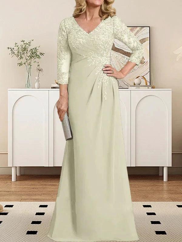 Sheath/Column V-Neck Illusion Floor-Length Lace Chiffon Mother of the Bride Dress With Pleated Sequins - Image 18
