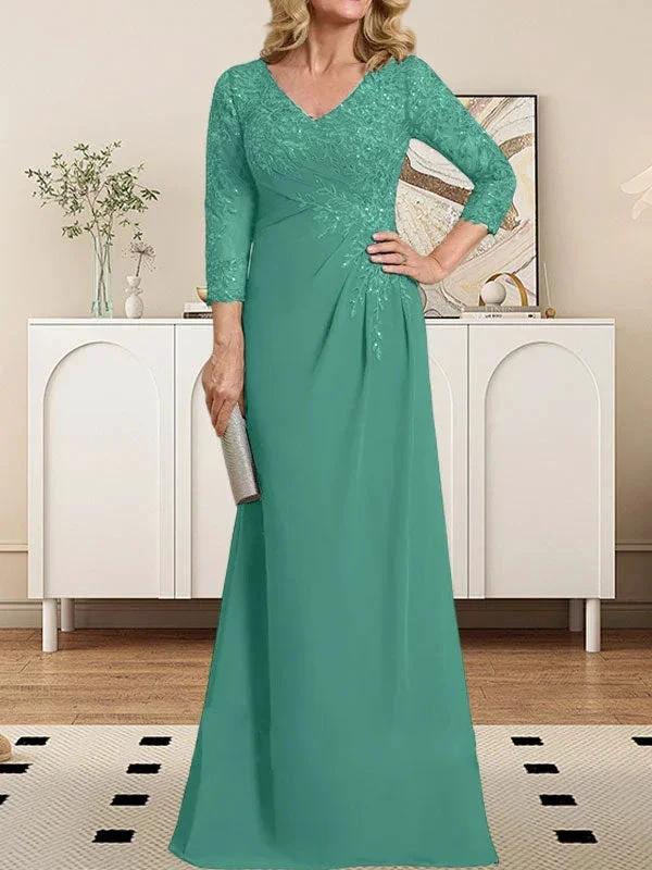 Sheath/Column V-Neck Illusion Floor-Length Lace Chiffon Mother of the Bride Dress With Pleated Sequins - Image 19