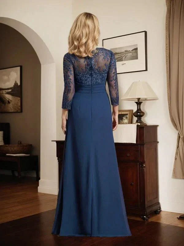 Sheath/Column V-Neck Illusion Floor-Length Lace Chiffon Mother of the Bride Dress With Pleated Sequins - Image 2