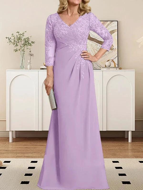 Sheath/Column V-Neck Illusion Floor-Length Lace Chiffon Mother of the Bride Dress With Pleated Sequins - Image 20