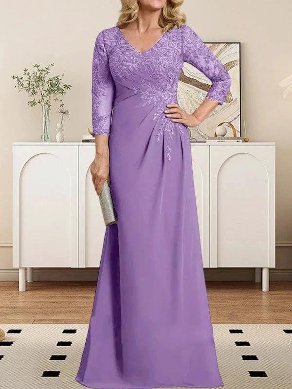 Sheath/Column V-Neck Illusion Floor-Length Lace Chiffon Mother of the Bride Dress With Pleated Sequins - Image 21