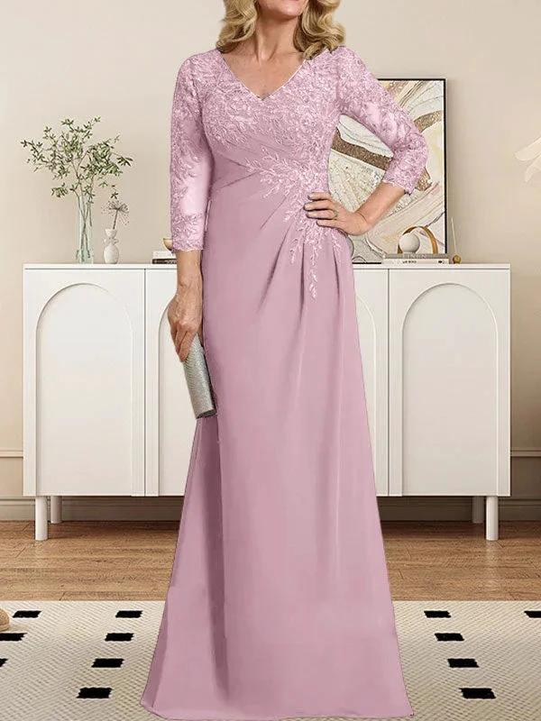 Sheath/Column V-Neck Illusion Floor-Length Lace Chiffon Mother of the Bride Dress With Pleated Sequins - Image 22